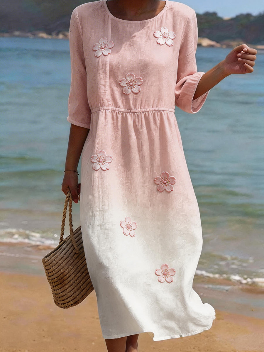 Women's Cherry Blossom Embroidery Pattern Linen Blend Dress