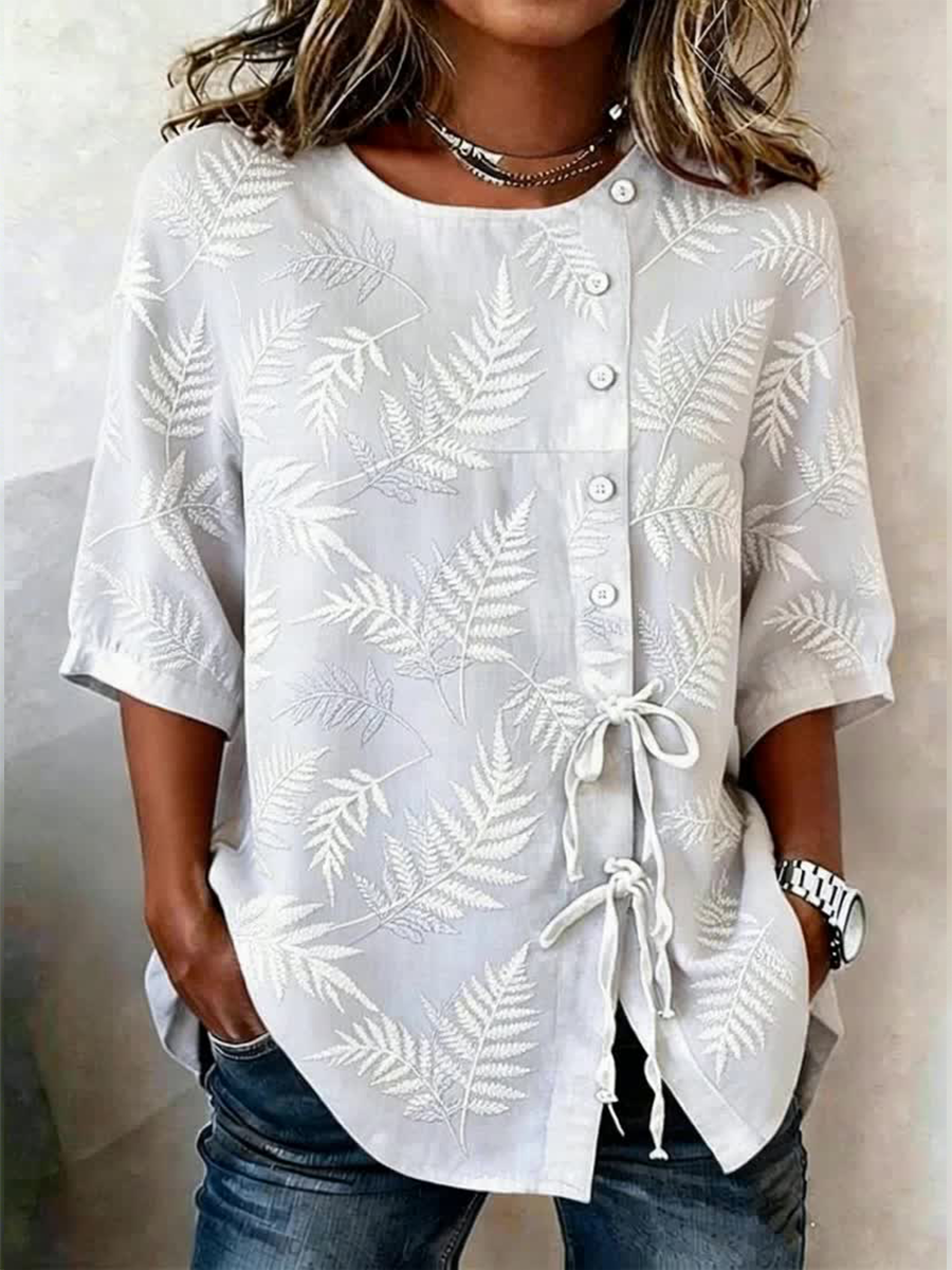 Women's Plant And Flower Buttoned And Laced Cotton And Linen Shirt