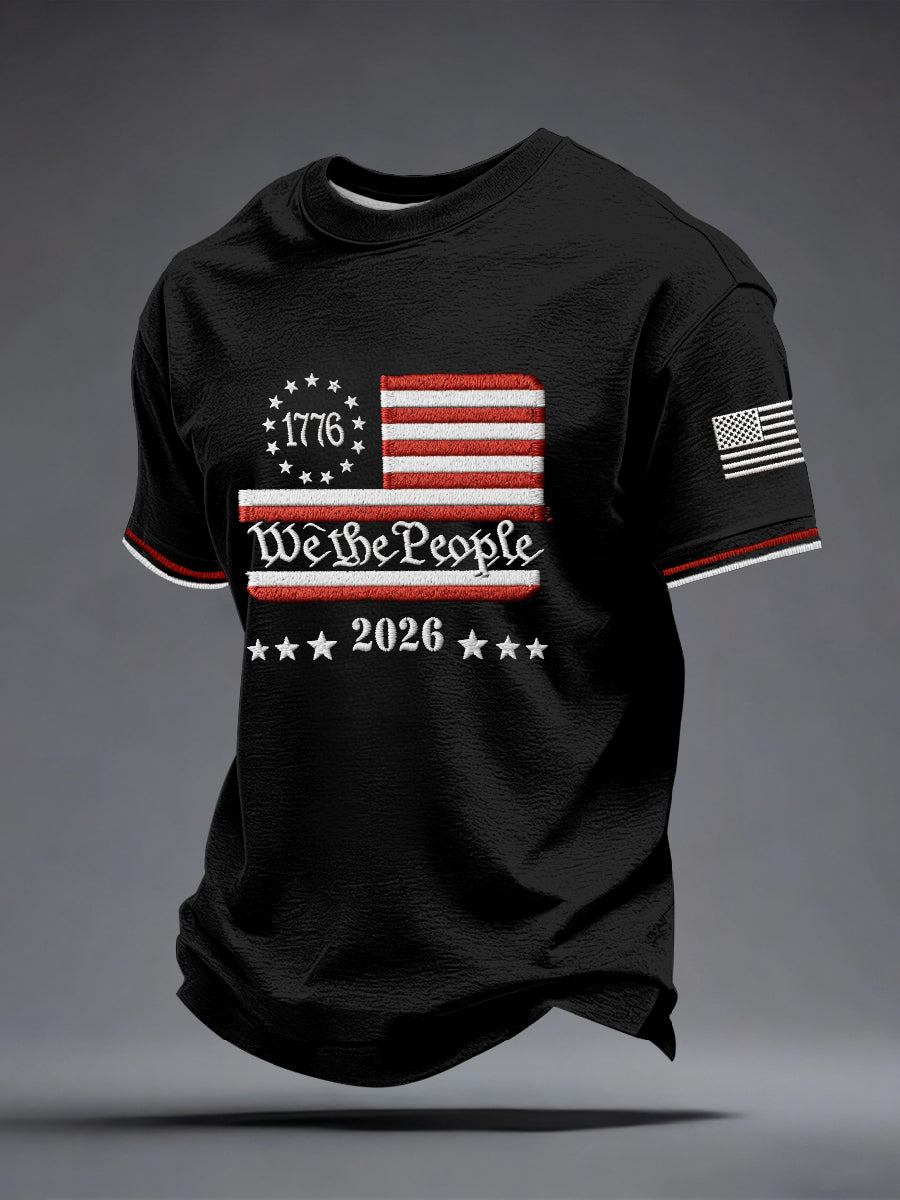 Men's American Flag Embroidered Pattern T-Shirt