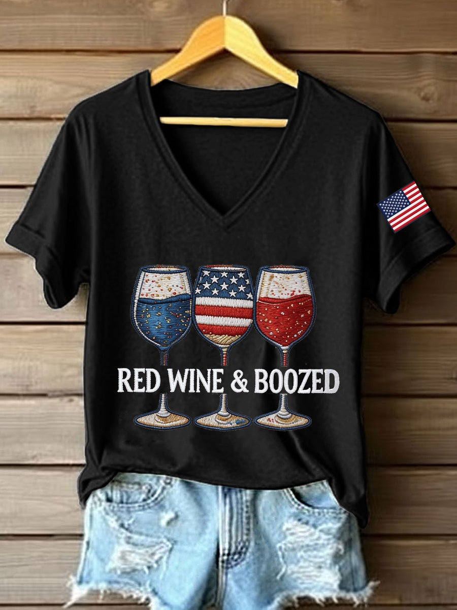 Women's Red Wine & Boozed Embroidery Pattern V-Neck T-Shirt