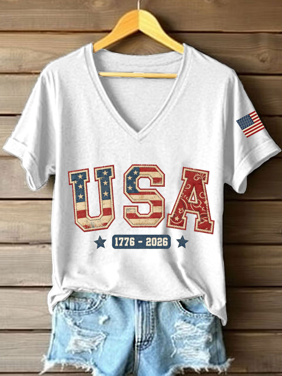 Women's USA 1776-2026 Patchwork Pattern V-Neck T-Shirt