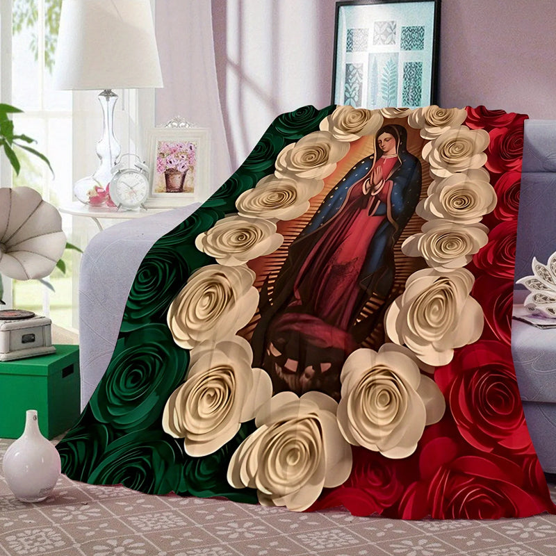 Virgin Mary & Floral Flannel Blanket 🌹 | Soft, Light & Warm