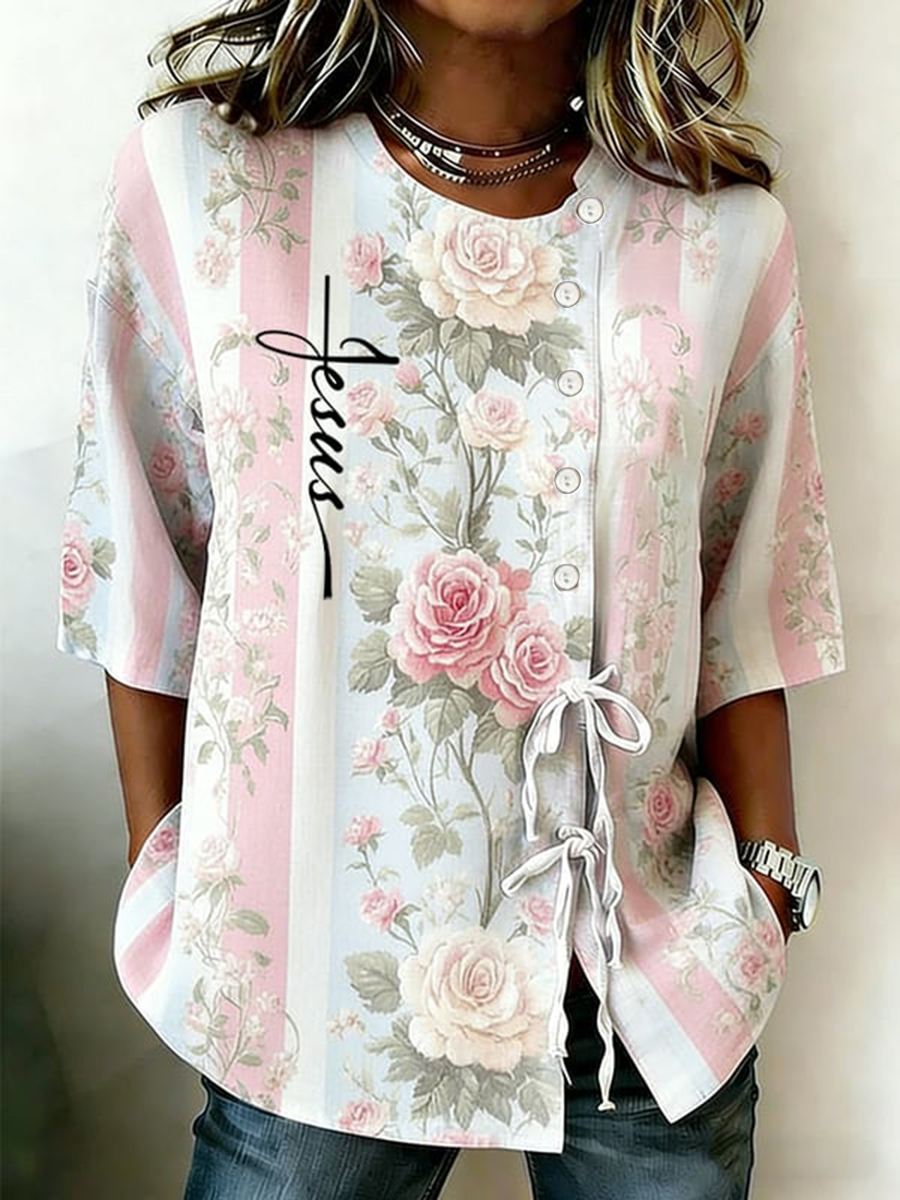 Women's Faith Flower Button Strap Cotton And Linen Shirt