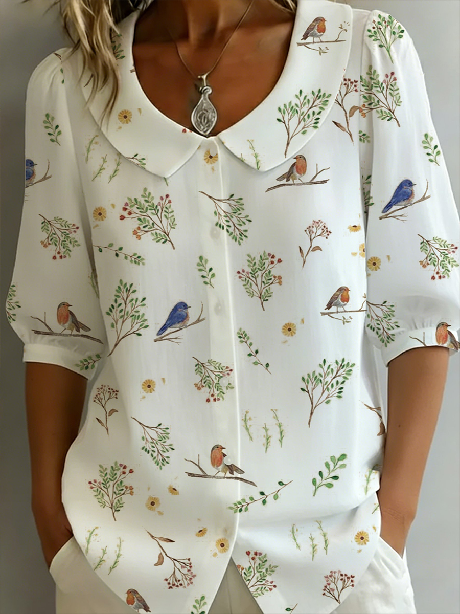 Women's Plant Flower Cotton and Linen Shirt
