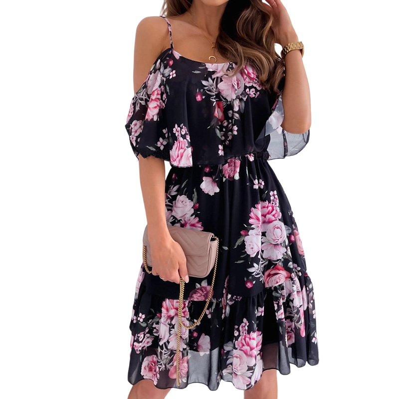 Women's Floral Cold-Shoulder Ruffle Dress