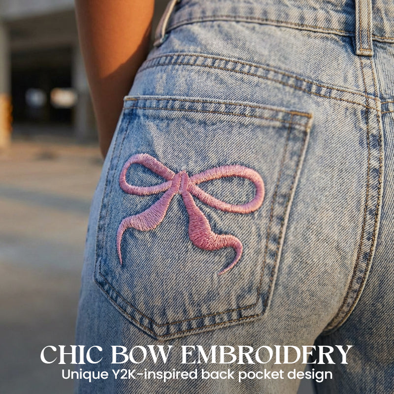 Bow Embroidered High-Waist Straight-Leg Jeans