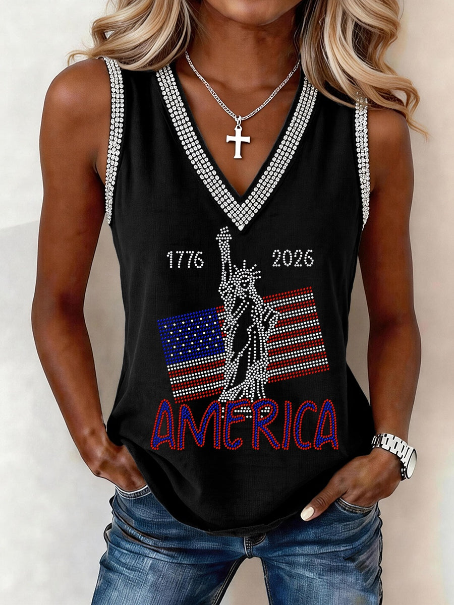 Women's America 1776-2026 Rhinestone Pattern V-Neck Tank Top