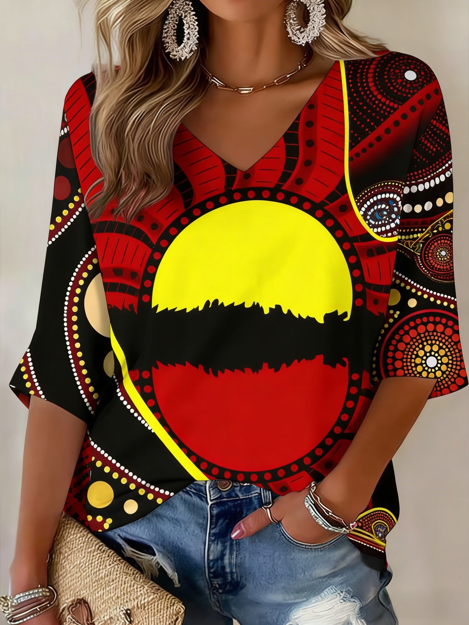Women's AU Aboriginal Art NAIDOC Week Printed V-neck Top