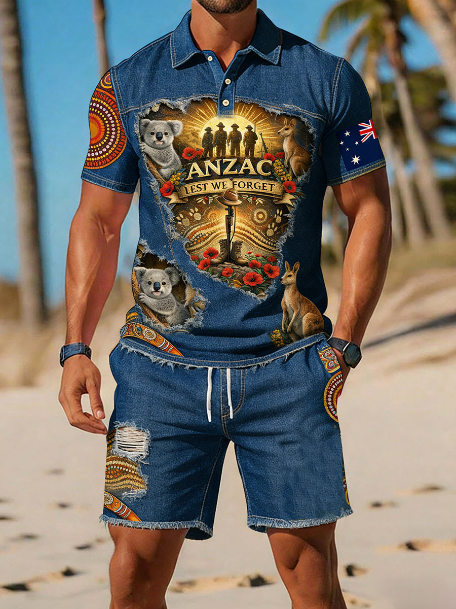 Retro Australian-Style Art Print Casual Polo & Shorts Set