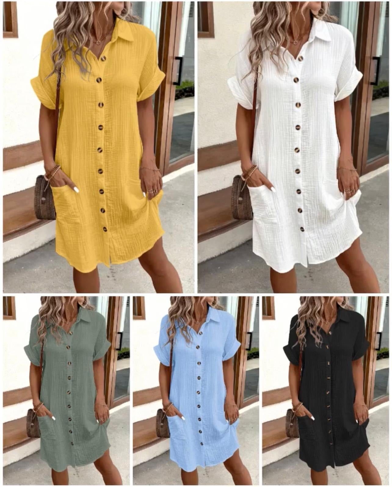 💎56% OFF! 💎 Women's Buttoned Short Sleeve Pocket Shirt Dress – Cotton Blend, Relaxed Fit & Everyday Versatility (M–2XL) 👗🌿