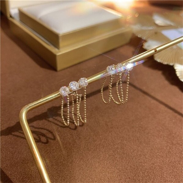 Metal mesh zircon chain tassel earrings