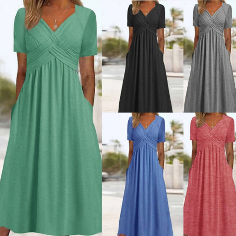 🍀LAST DAY SALE 50% OFF🍀Women’s V-Neck Short Sleeve Long Dresses