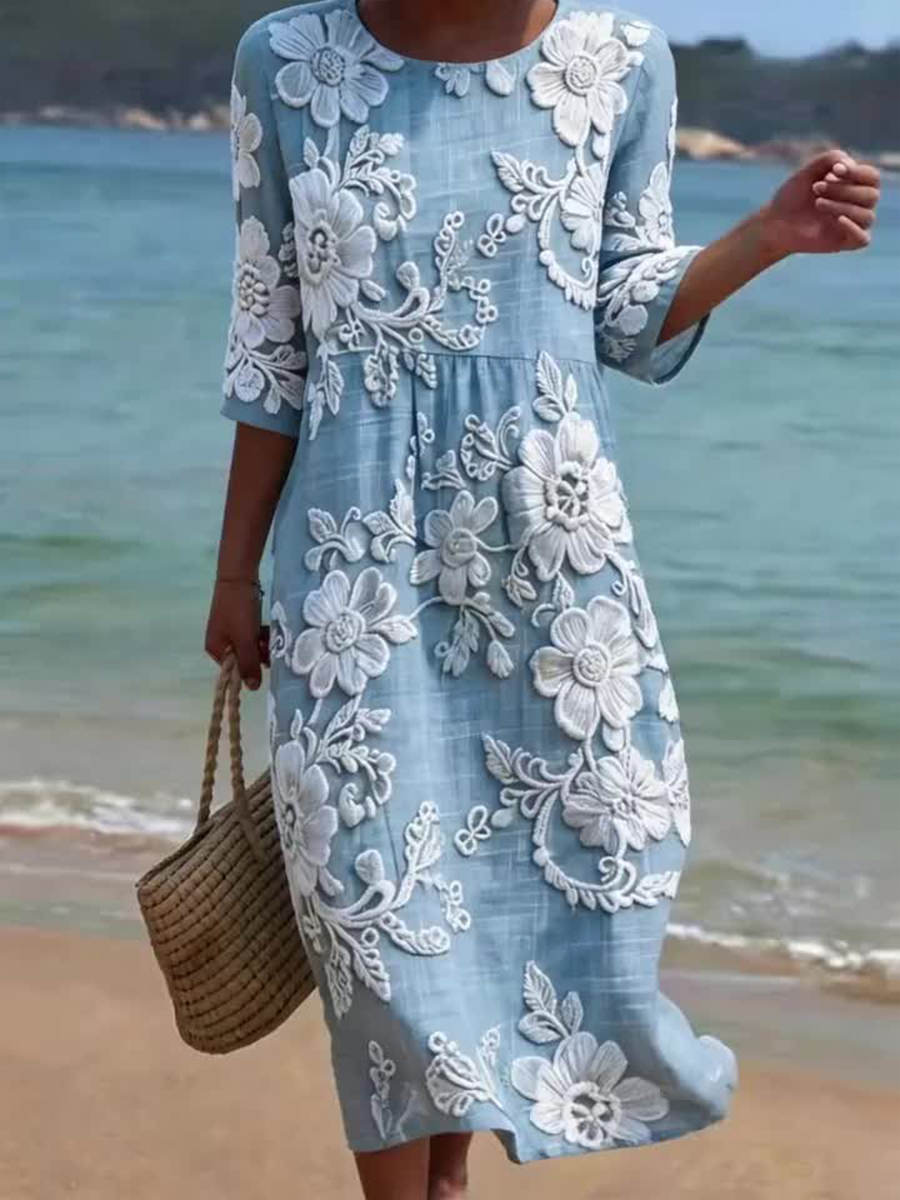 Women's Plant And Flower Print Round Neck  Linen Blend Mid-Length Dress