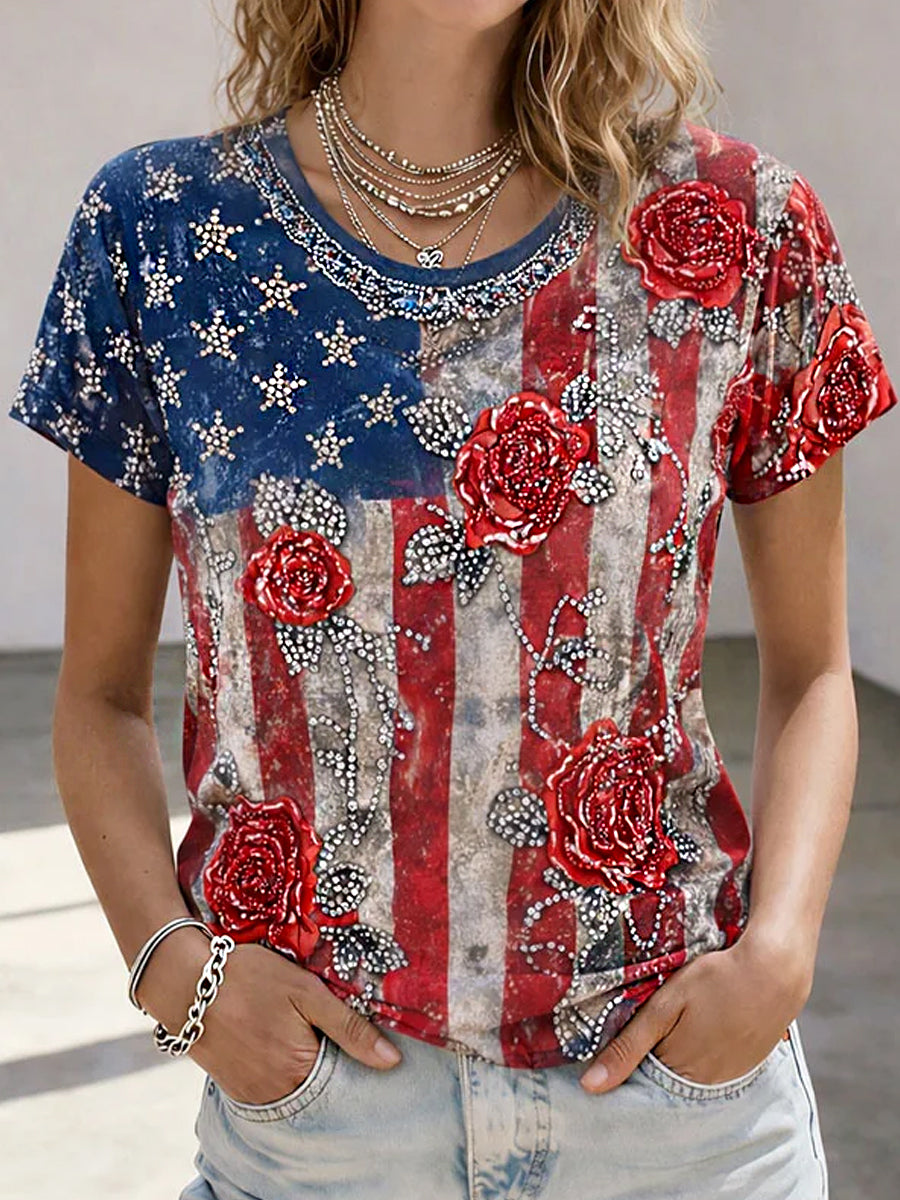 Women's Retro Patriotic Art Commemorative Print Casual T-Shirt