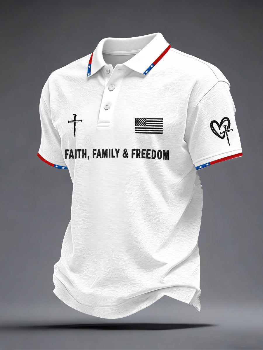 Men's Faith Family Freedom Embroidery Pattern Polo Shirt