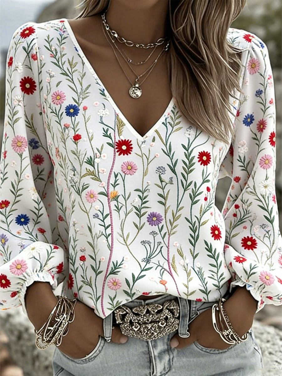 Women's Flower V-neck Cotton And Linen Long T-shirt