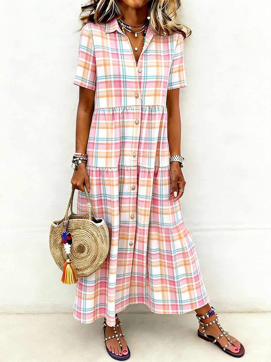 Women's Casual Elegant Plaid Print Short-Sleeve Long Shirt Dress