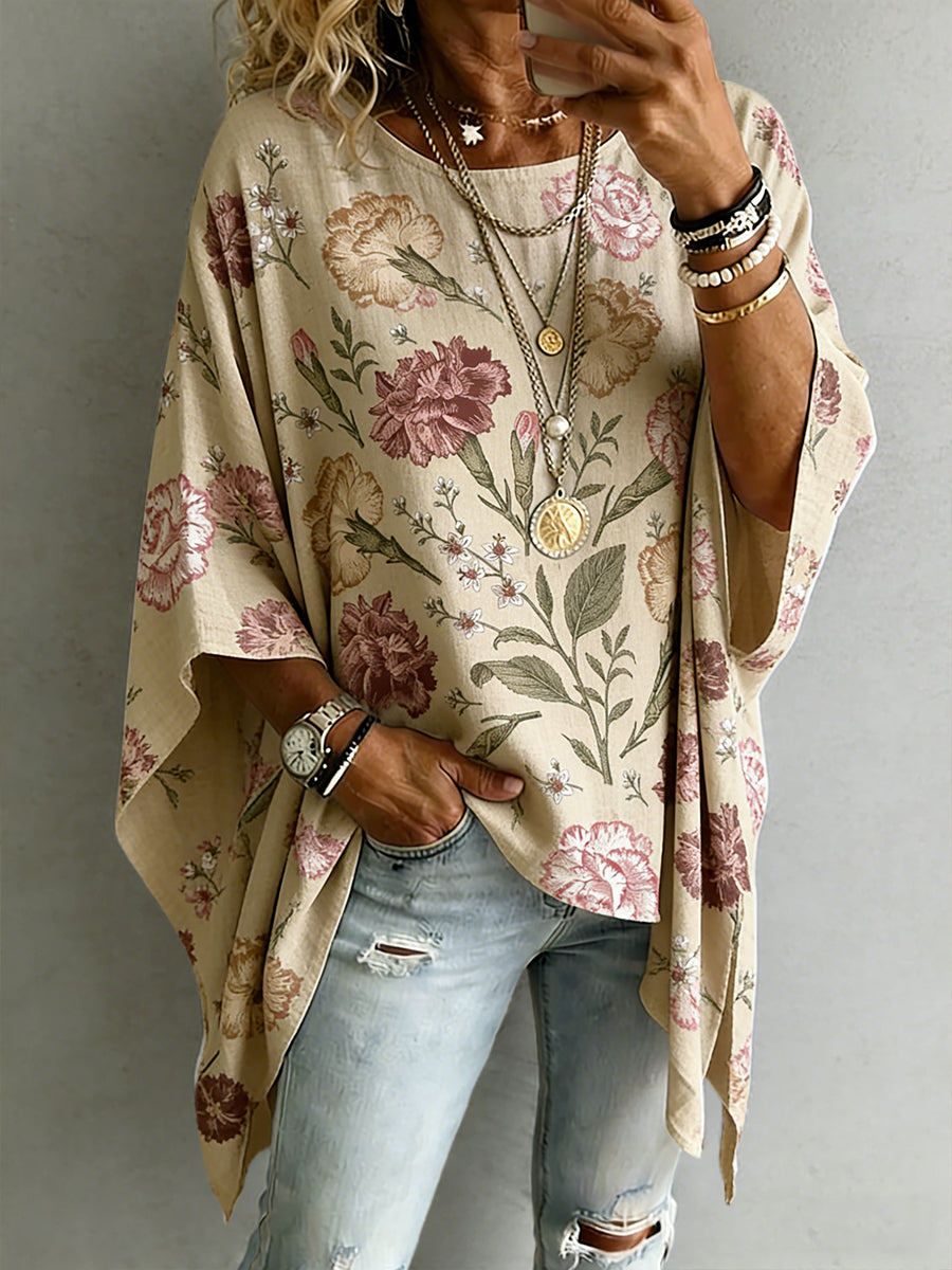 Women's Carnation Floral Art Mother's Day Printed Linen Tops