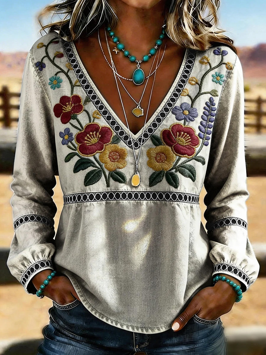 Women's Western Vintage Floral Print Casual V-Neck T-Shirt