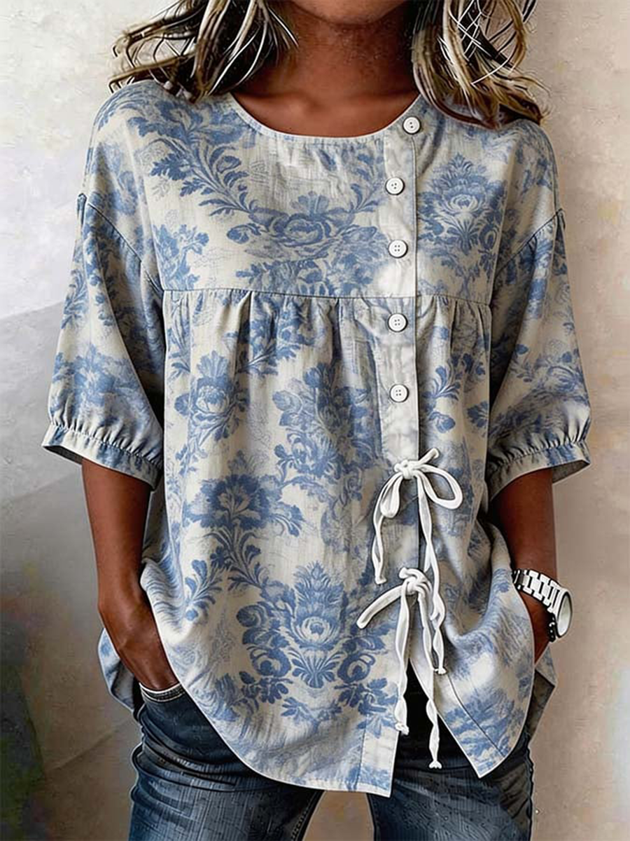 Women's Flowers Buttoned And Laced Linen Blend Shirt