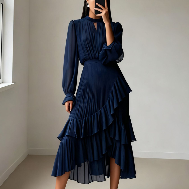 Women's Keyhole Neckline Ruffled Midi Dress