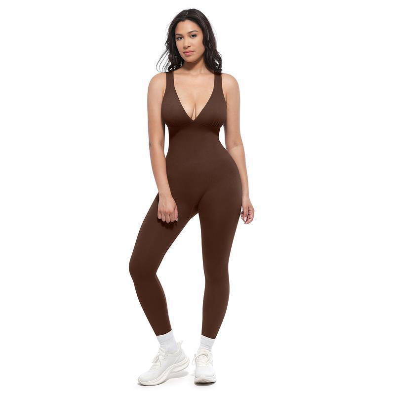 🌸High-Stretch V-Neck Jumpsuit – All-day ease for fitness & beyond. Breathable, flexible & effortlessly chic. Your go-to for movement. 🧘‍♀️💫