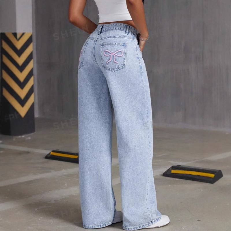 Bow Embroidered High-Waist Straight-Leg Jeans