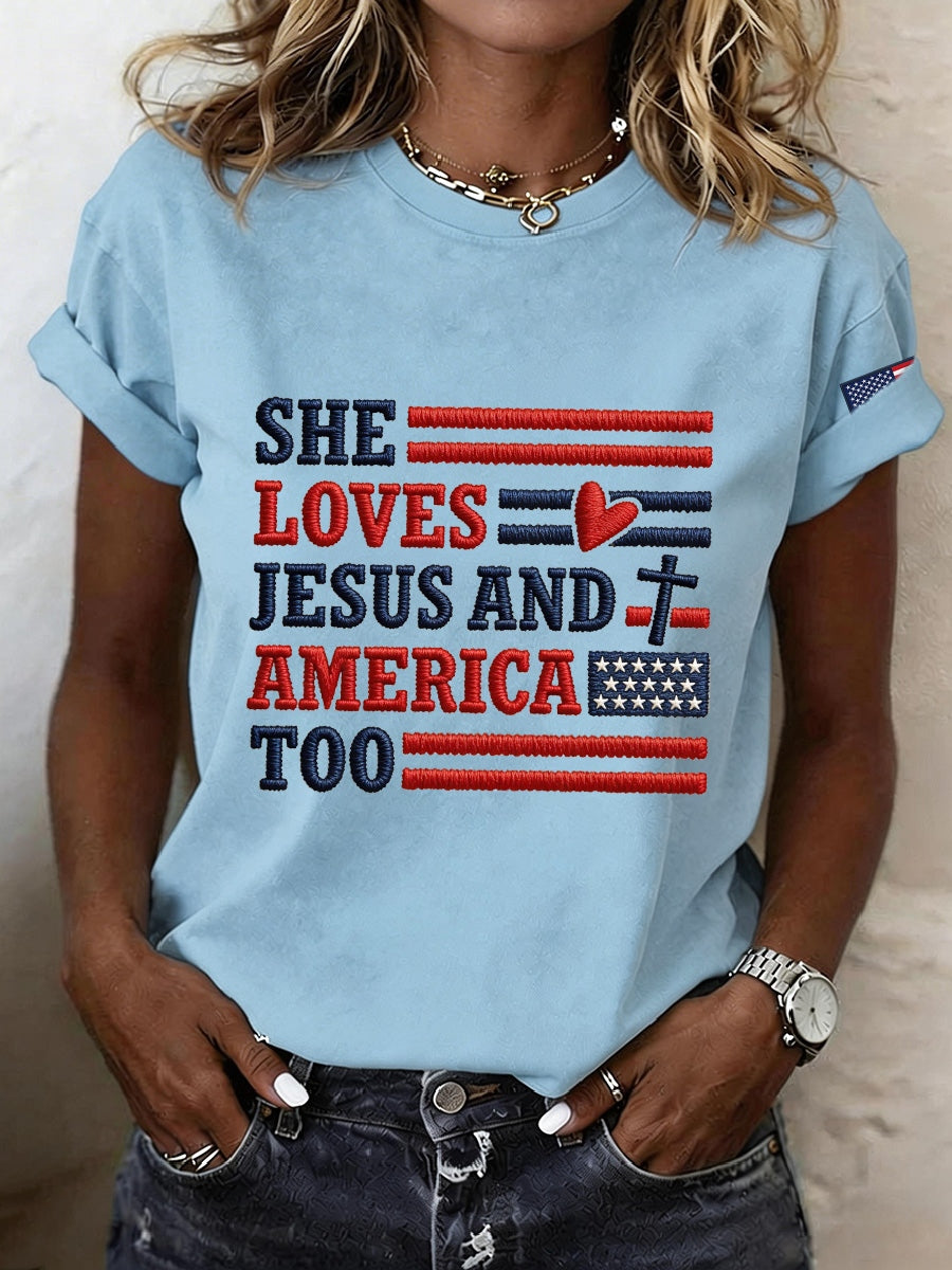 Women's She Loves Jesus And America Embroidery Pattern T-Shirt