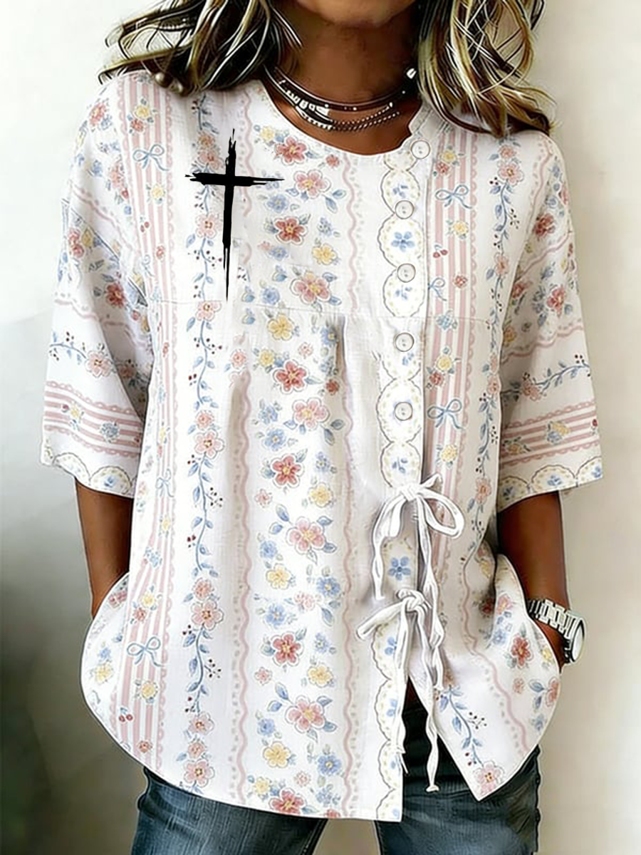 Women's Cross Flower Button Strap Cotton And Linen Shirt
