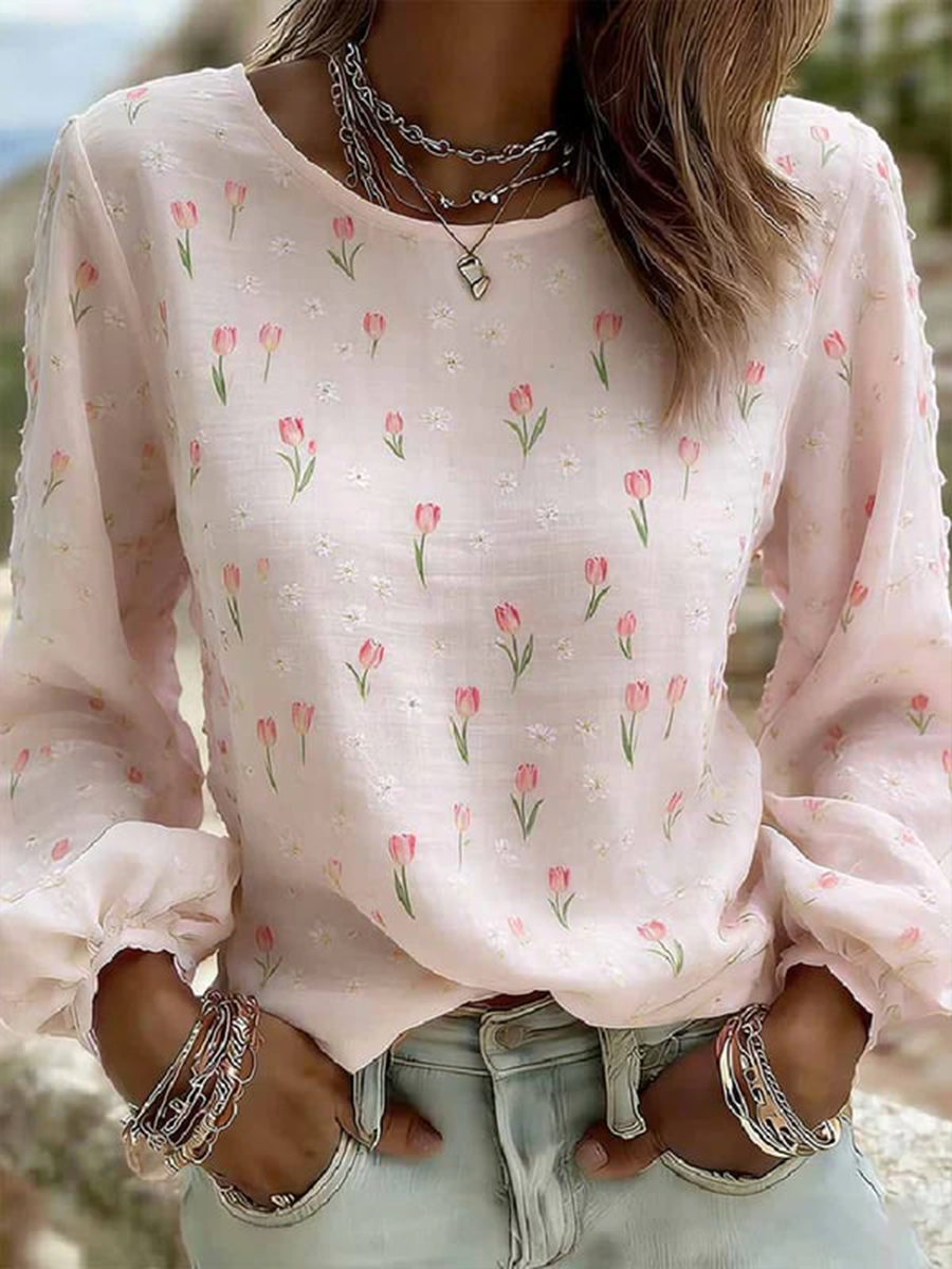 Women's Flowers Cotton And Linen Long Sleeve