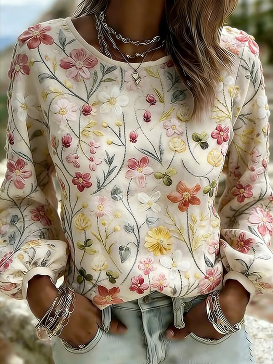 Women's Flowers Cotton And Linen Long Sleeve