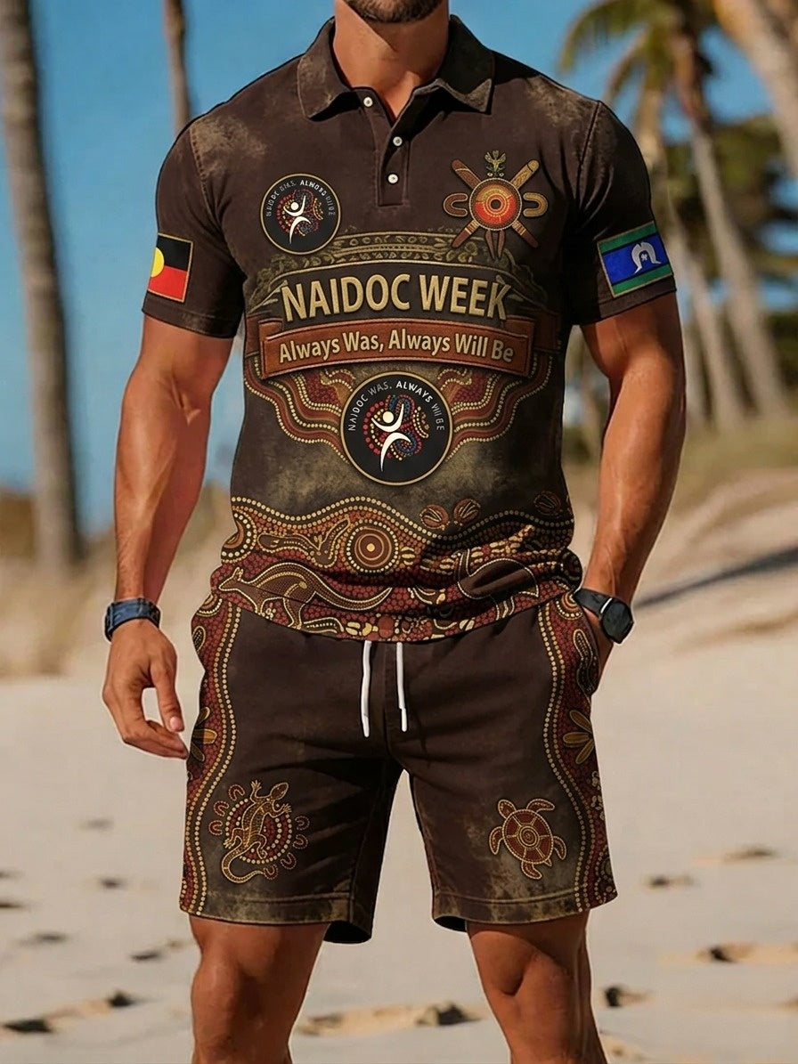 Retro AU Aboriginal Culture Printed Casual Polo & Shorts Set