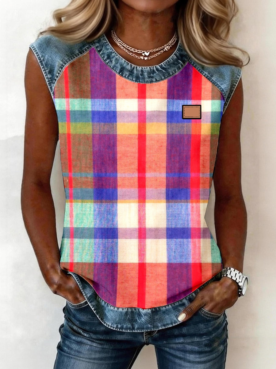 Women's Plaid Pattern Denim Patchwork Sleeveless Top