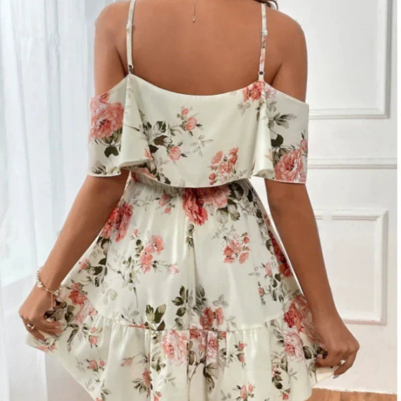Women's Boho Floral Print Cold Shoulder Dress
