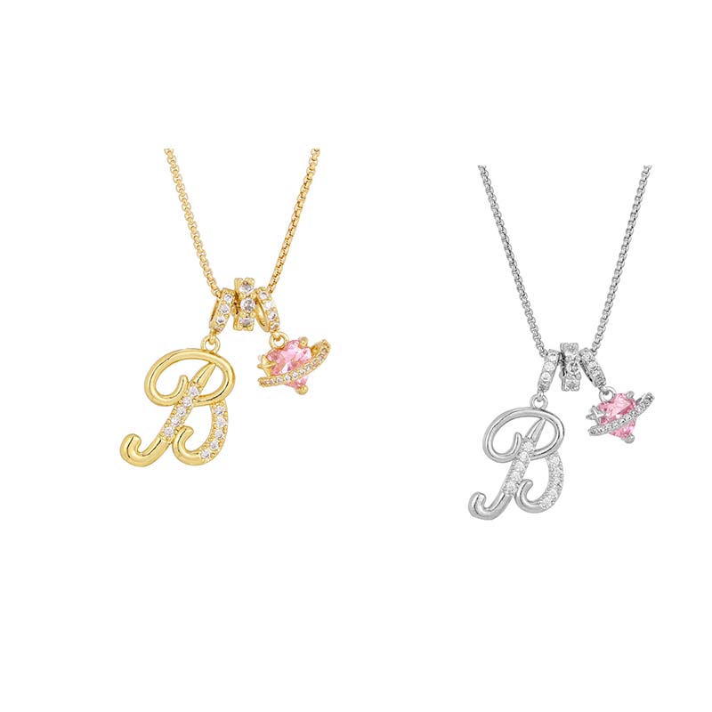 Initial Letter Necklace with Pink Heart Charm