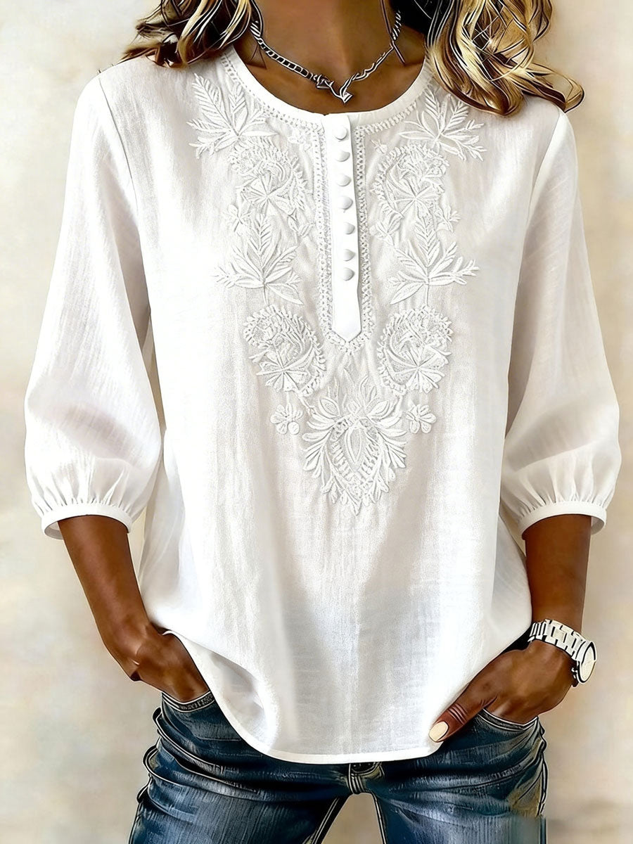 Women's Floral Cotton and Linen T-Shirt