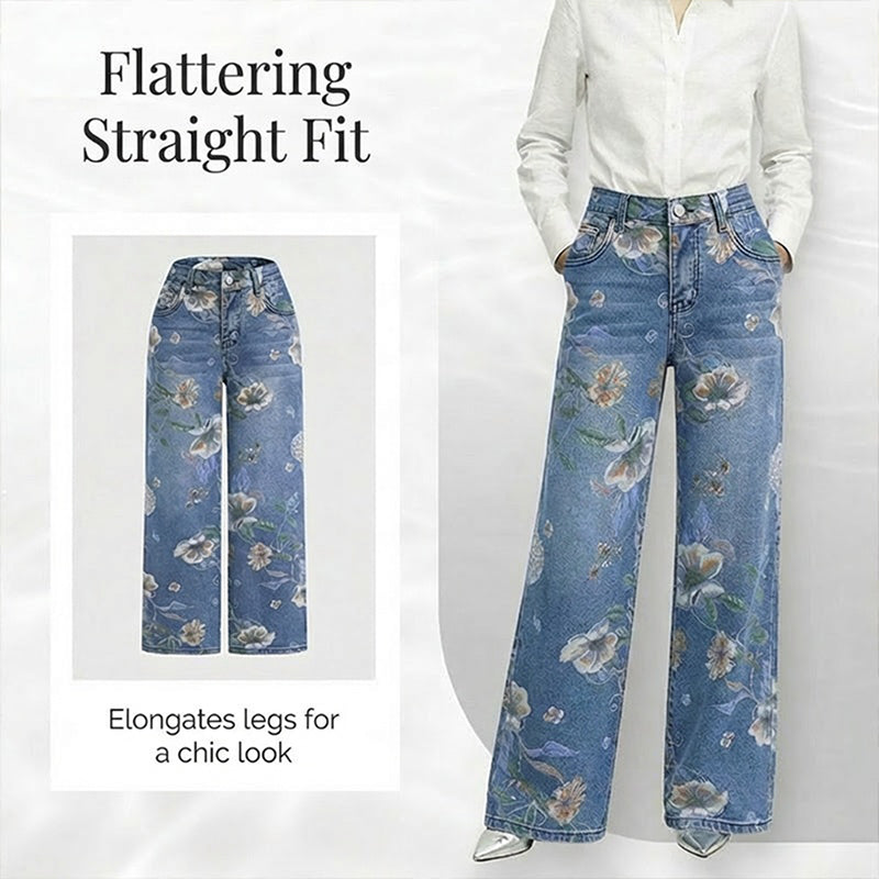 Women's Floral Print Straight-Leg Jeans