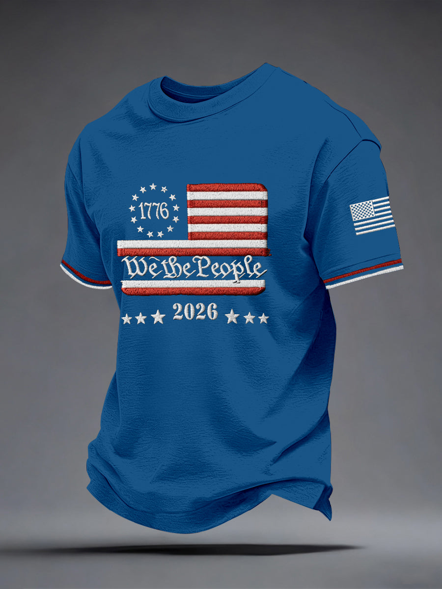 Men's American Flag Embroidered Pattern T-Shirt