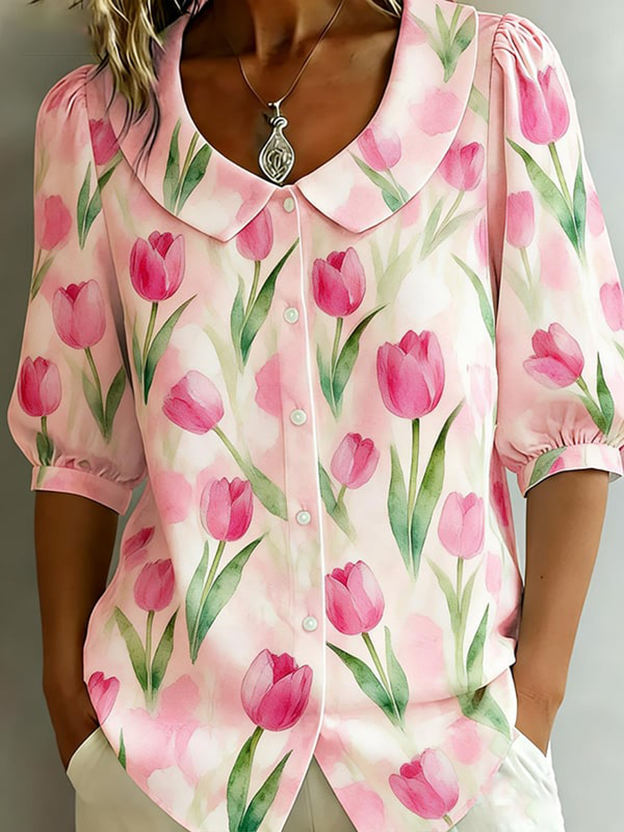 Women's Floral Mid-sleeve Doll-collar Cotton-linen Shirt