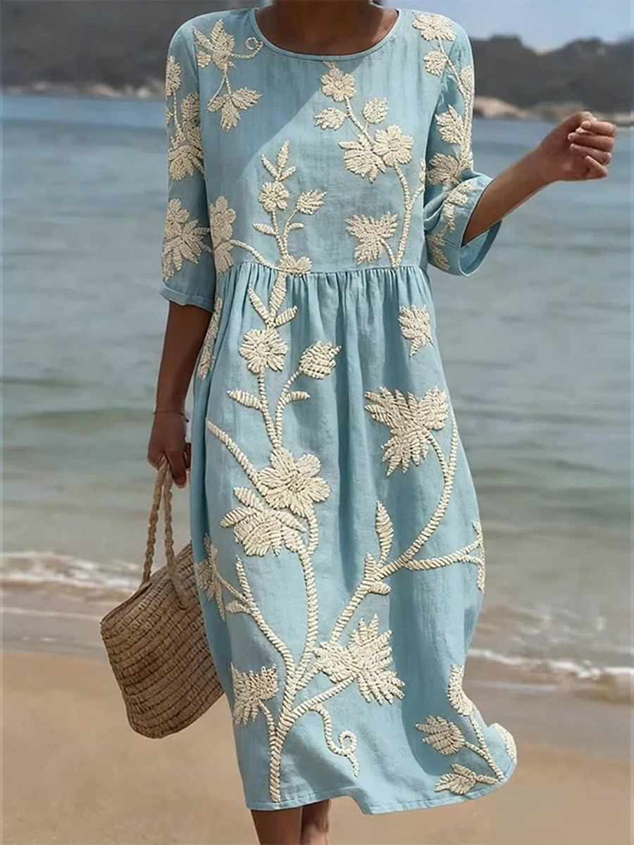 Women's Plant And Flower Print Round Neck  Linen Blend Mid-Length Dress