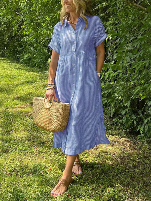 👗 60% OFF NOW! 🔥 Striped Lapel Button Down Shirt Dress – Functional Pockets, Versatile Style & Comfortable Fit 👚