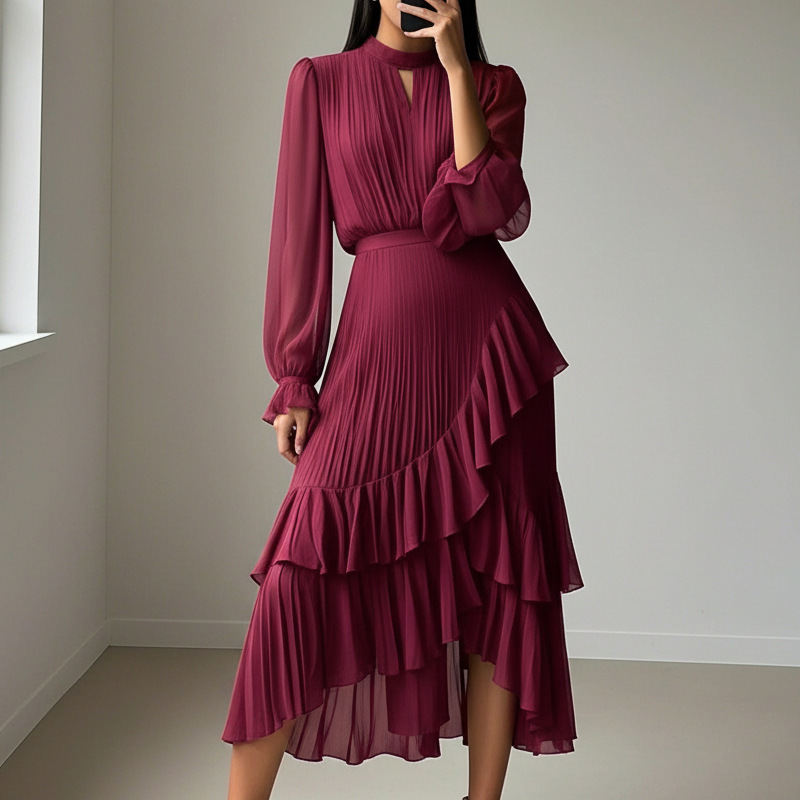 Women's Keyhole Neckline Ruffled Midi Dress