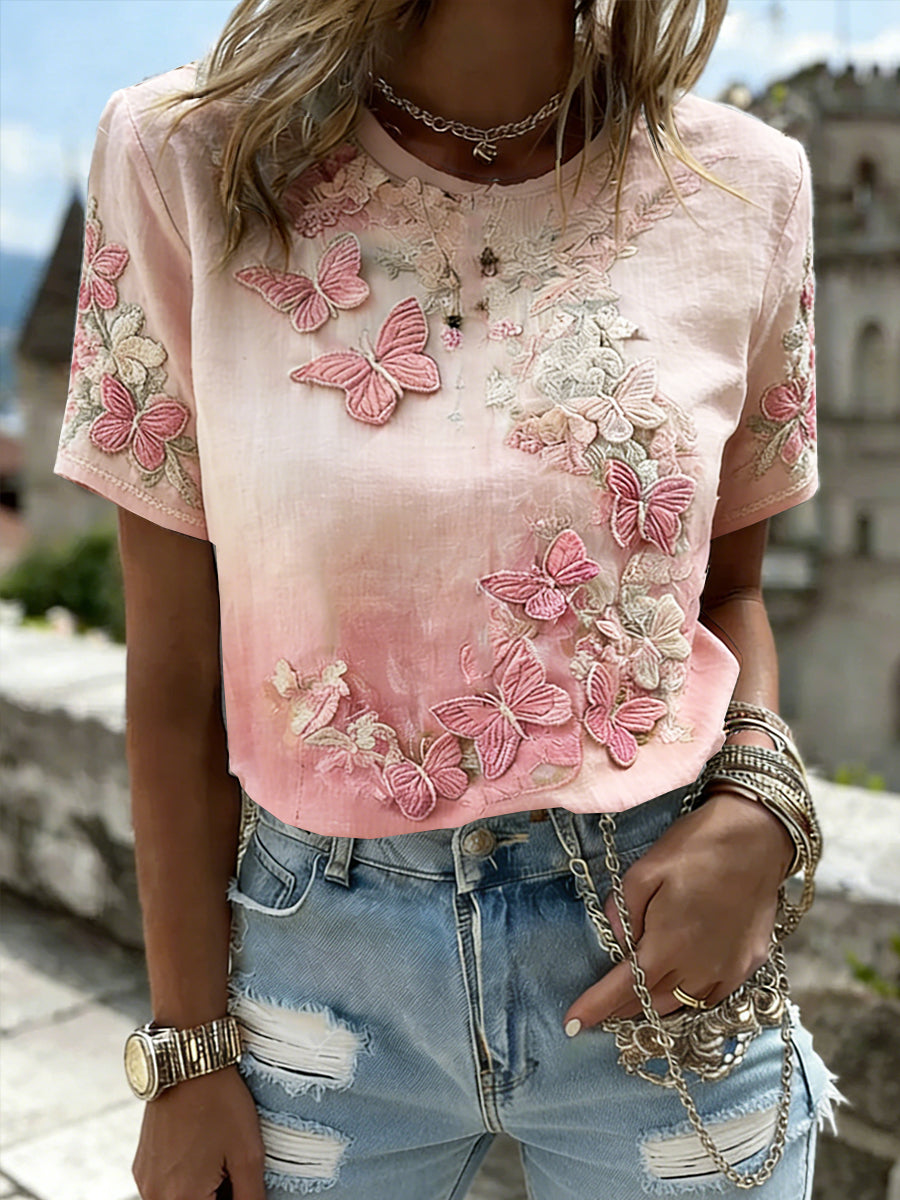 Women’s Pink 3D Butterfly Floral Gradient Print Boho-Style Casual T-Shirt