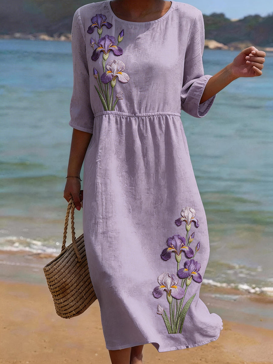 Women's Purple Iris Embroidery Pattern Linen Blend Dress