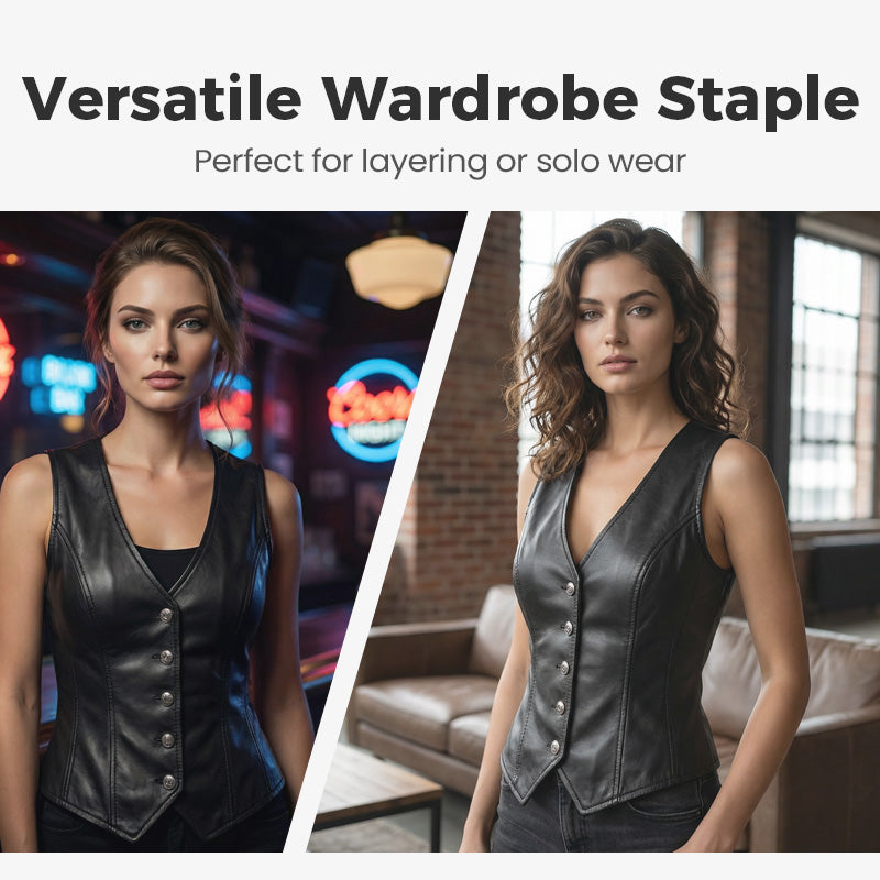Women’s Leather V-Neck Button-Front Vest