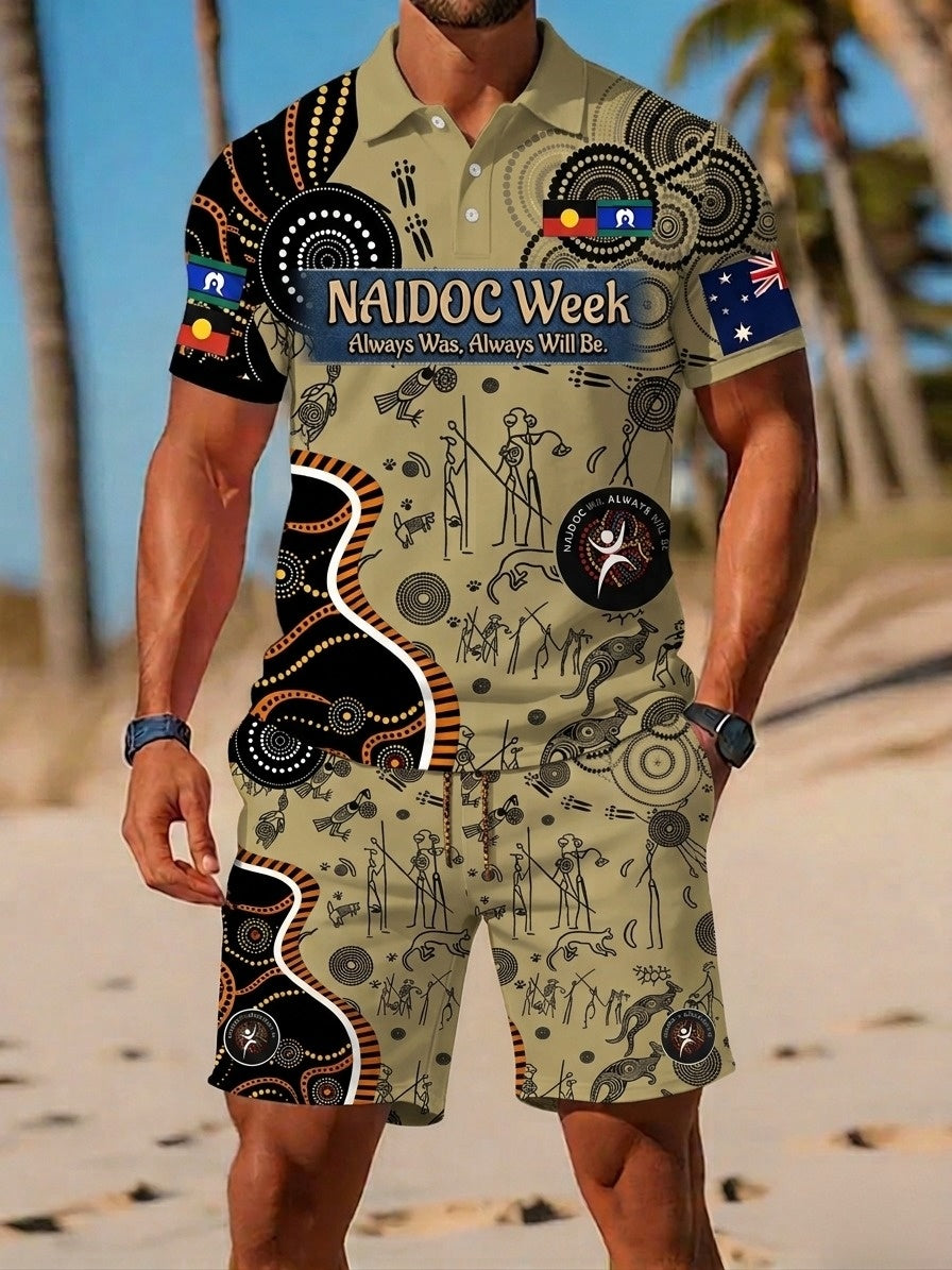 Retro AU Aboriginal Culture Printed Casual Polo & Shorts Set