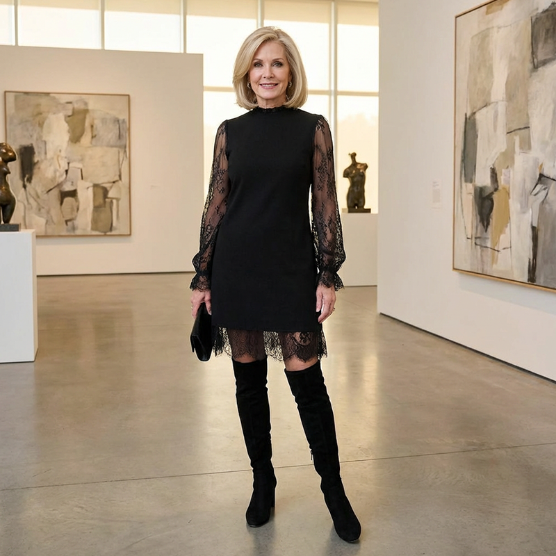 Women's Mock Neck Lace Trim Mini Dress