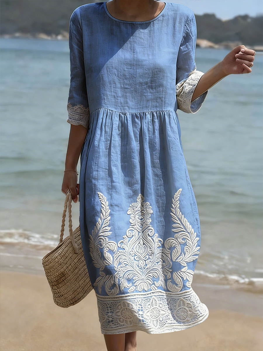 Women's Plant And Flower Print Round Neck  Linen Blend Mid-Length Dress