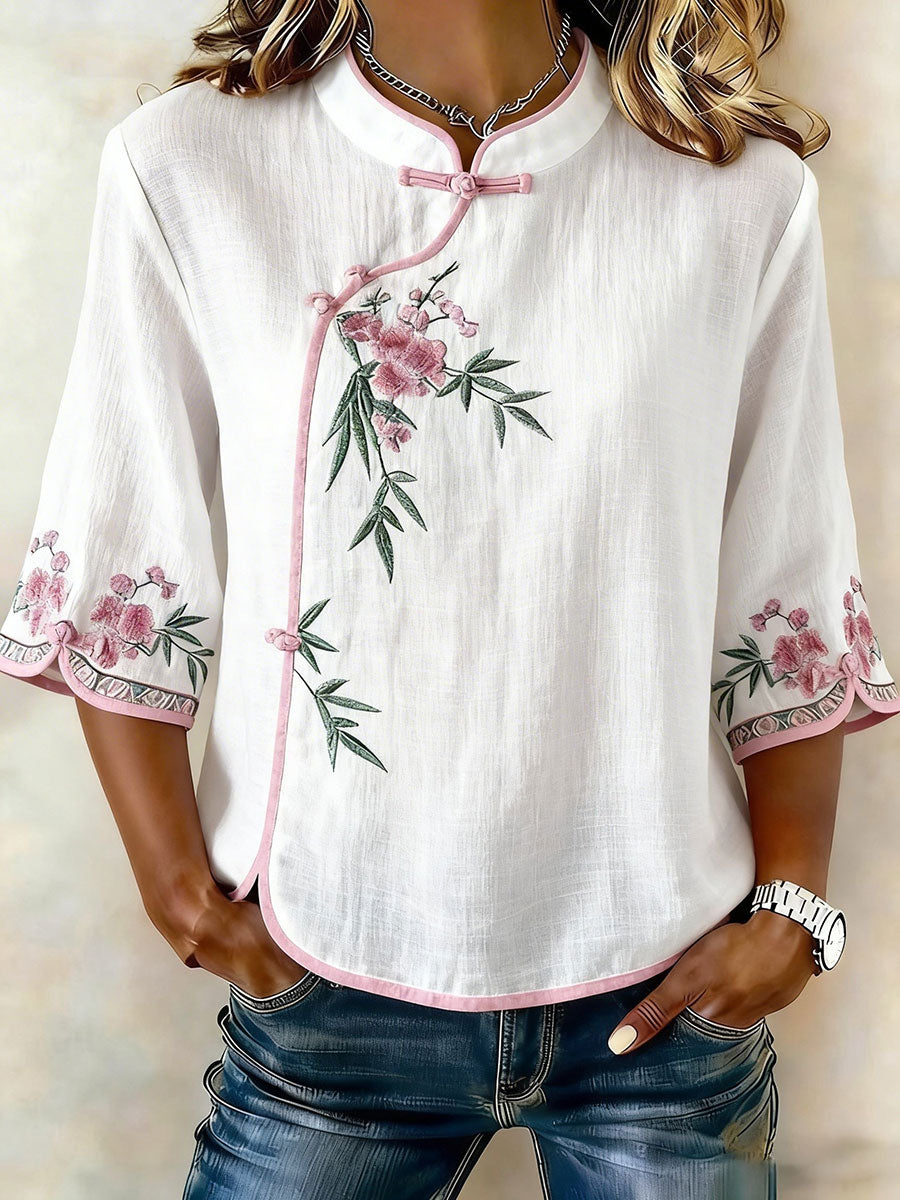 Women's Floral Cotton and Linen T-Shirt