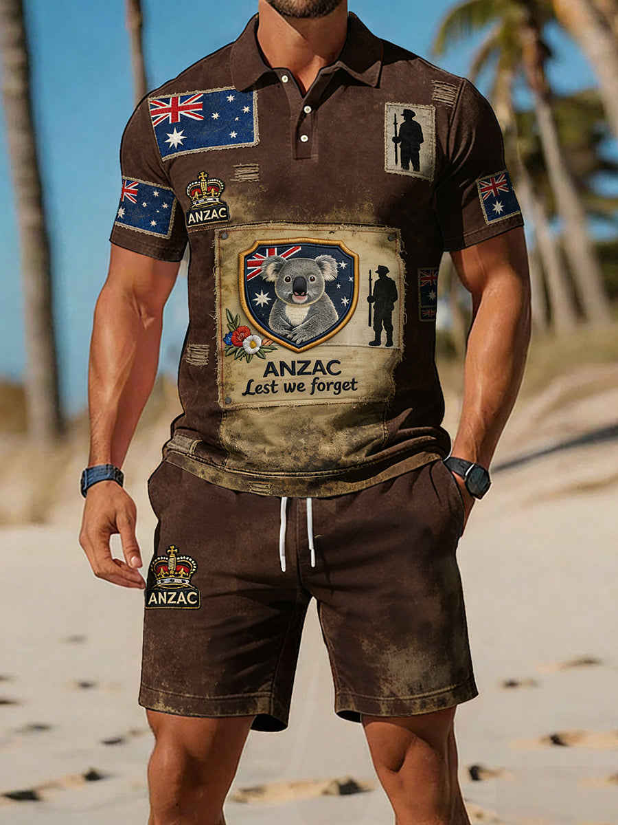 Retro Australian-Style Art Print Casual Polo & Shorts Set